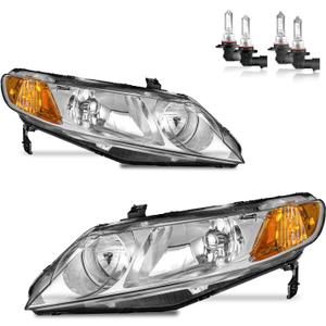 Headlights Assembly for 2006-2011 Honda Civic 4-Door Headlamp Replacement Chrome Housing Driver & Passenger Side (NOT fit 2-Door) (Polished Chrome | With High & Low Beam Bulbs)