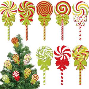 8 Pcs Large Green Christmas Candy Picks Wooden Peppermint Red Green Lollipop Candy Picks Ornaments for Tree Christmas Home Office Holiday Party Decorations, 13.78 x 5.91 Inch