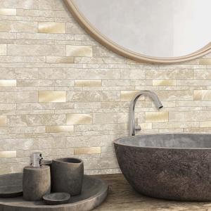 VAOVI Backsplash Tile Peel and Stick Kitchen Stone Subway Linear Mosaic Bathroom Shower Wall Waterproof(10pcs,Beige)
