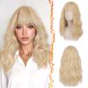 BARSDAR 18 Inch Wavy Light Blonde Wig With Bangs - Medium Length Blonde Wig With Bangs for Women, Soft Wavy Curly Synthetic Shoulder Length Wigs Daily Party Halloween