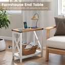 Hadulcet Farmhouse Side Table with Storage Shelf - Narrow End Table with Charging Station, Slim End Tables Living Room, Rustic X-Design Nightstand for Bedroom, Small Space, White & Brown