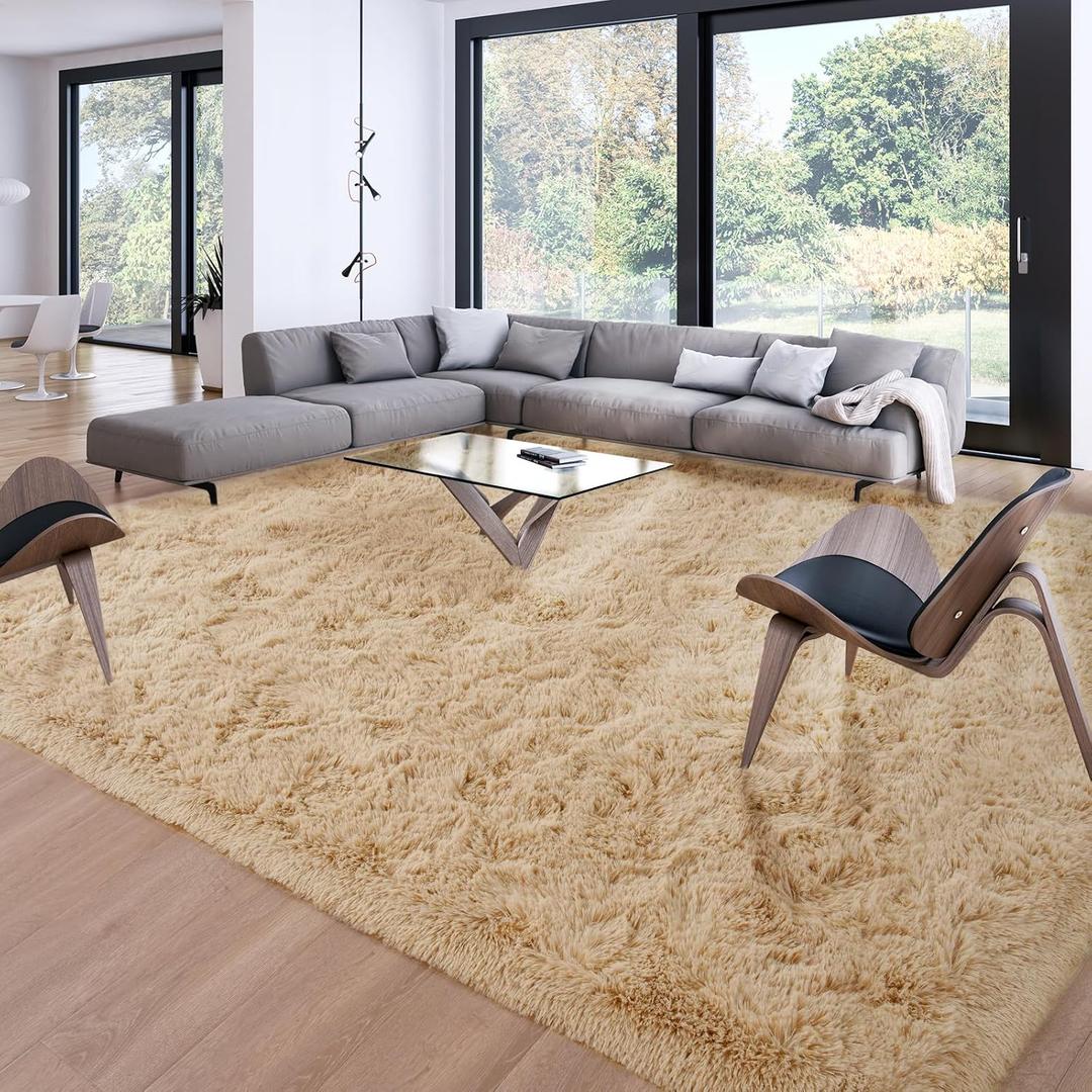 Merelax Soft Modern Indoor Large Shaggy Rug for Livingroom Bedroom Dorm Kids Room Home Decor, Non-Slip Plush Fluffy Furry Fur Area Rugs Comfy Nursery Accent Floor Carpet 9x12 Feet, Light Tan