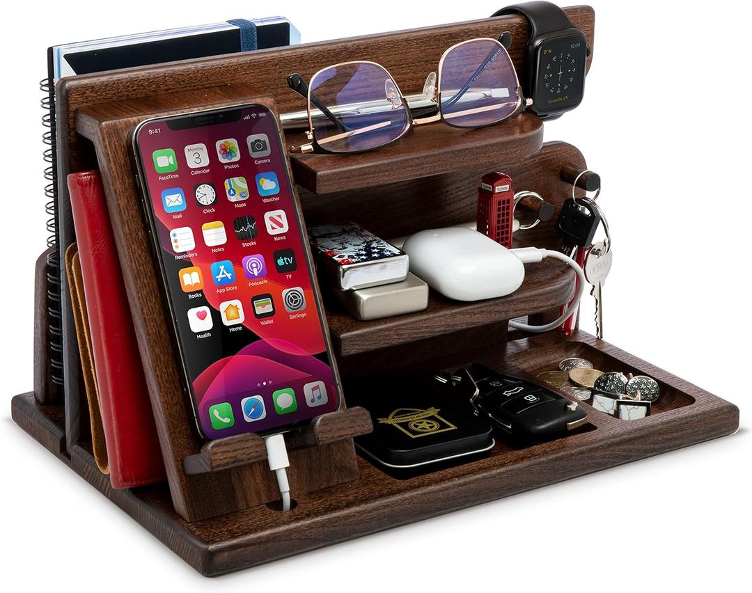TESLYAR Wood Phone Docking Station for Men - Desktop or Nightstand Organizer - Birthday gifts for Men or Dad - Anniversary Idea from Wife - Key Holders, for Wallet, Watch & Essentials (Chestnut Brown)
