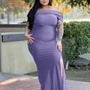 Memoriesea Women's Off Shoulder V Neck Wrap Ruched High Split Wedding Party Maxi Dress (Purple)
