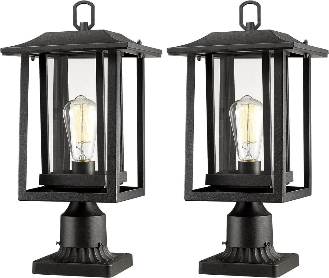 Beionxii Outdoor Post Lights, Large Exterior Lamp Post Light Fixture with Pier Mount Base, Black Cast Aluminum w/Clear Glass (19" x 9") - A197P-2PK (NOT Solar, 110-120V AC), Extra Large