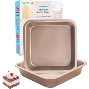 2-Pack 8 inch Square Baking Pan, Nonstick Square Brownie Pans, 8x8 Baking Pan, Square Cake Pan for Birthday Parties, Stackable 88 Cake Pan, Easy to Clean (Gold)
