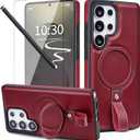 for Samsung Galaxy S25 Ultra Leather Case with Stand, Anti-Slip Grip Ring, Fits for MagSafe (Burgundy, S25 Ultra-6.9inch)