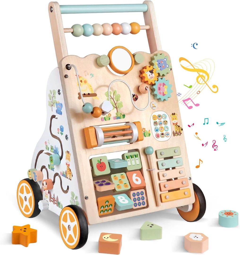 Wooden Baby Walker with Wheels, Push Walker with Baby Activity Center, Montessori Walking Toy for Girls Boys, Adjustable Speed & Height Activity Toy for Toddler Learning to Walk 12+ Months (Natural)