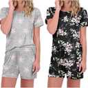 Ekouaer 2 Pack Pajamas Short Sleeve Top with Shorts Sets Comfy Pjs Lounge Sets Sleepwear for Women (Medium, Pink Star/Black Floral)