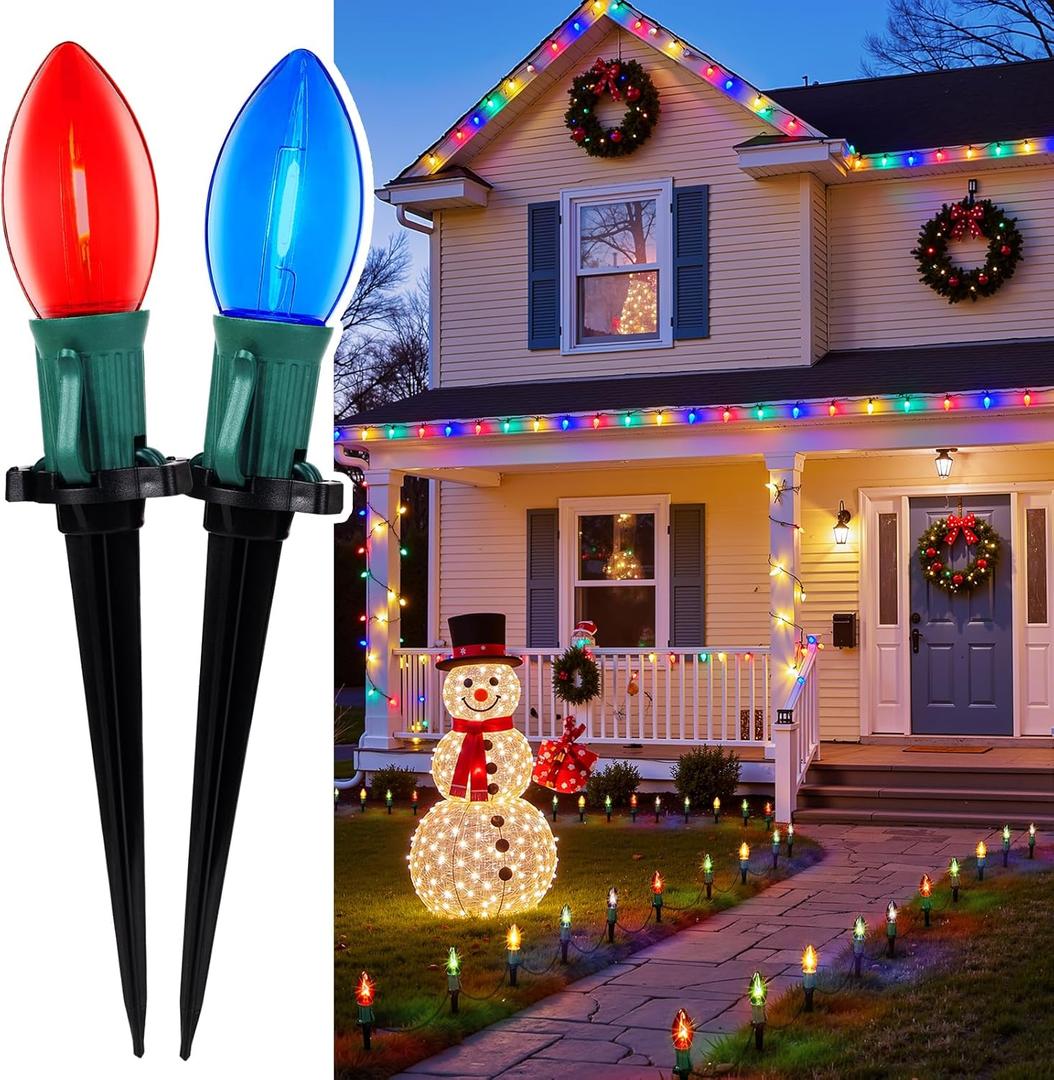 C9 Christmas Lights Outdoor, 2 Packs Total 51.4 Ft Christmas Pathway Lights with 40 LED Bulbs and Stakes, Outdoor Decorations Yard Walkway Sidewalk Holiday, Multicolor