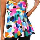 Yonique Two Piece Tankini Swimsuits for Women with Shorts Halter V Neck Bathing Suits Flowy Twist Front Swimwear (XX-Large, Color Block)