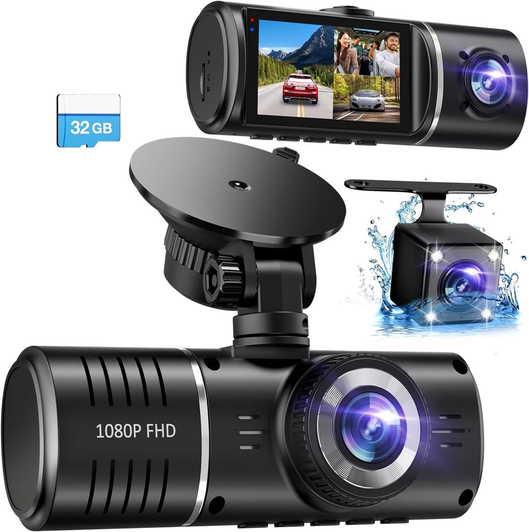 Dash Cam Front and Rear Inside, 3 Channel Dash Camera for Cars, 1080P Triple Dash Cam, Dash Camera with 32GB Card, Loop Recording, HDR, G-Sensor, 24Hr Parking