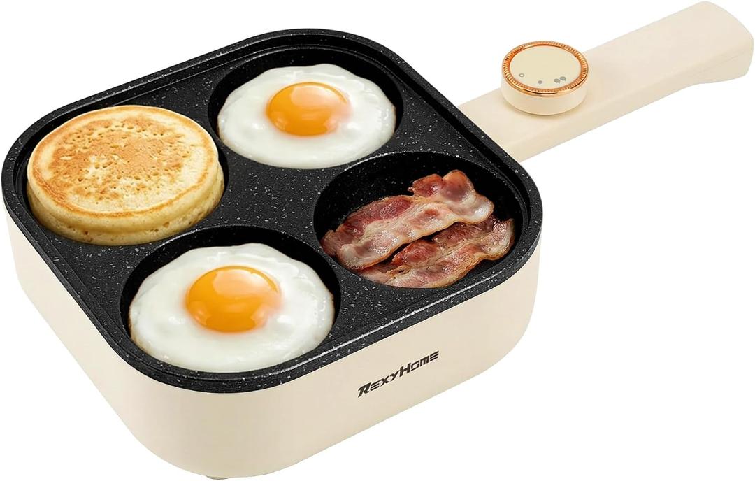 Electric Egg Pan Nonstick: No Stove Needed 900W Granite 4-Cup Omelette Pan with 2 Power Adjustable, Breakfast Non Stick Frying Pans Skillet for Eggs, Pancakes, Crepes, Plett and More