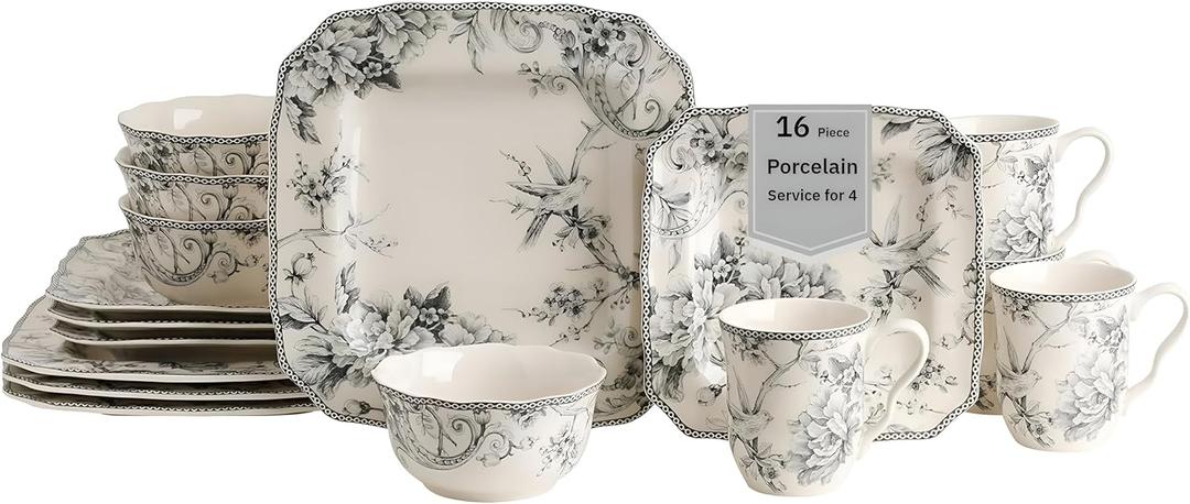 222 Fifth Adelaide 16-Piece Square Floral Dinnerware Set  Service for 4, Grey & White Porcelain Plates & Bowls, for Everyday Dining & Entertainment, Microwave & Dishwasher Safe, Chip Resistant (Gray)