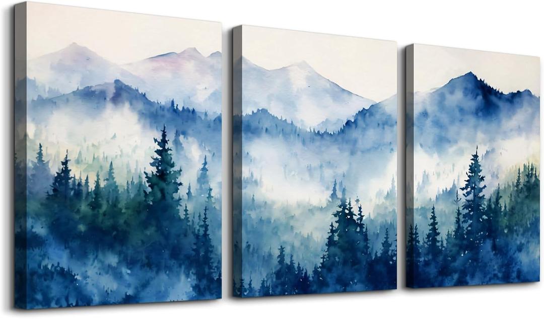SERIMINO Nature Landscape Canvas Wall Art for Living Room, Forest Mountain Canvas Prints Paintings, Blue Modern Farmhouse Wall Decor for Bedroom Bathroom Set of 3, 12"X16"