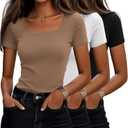 Ficerd 3 Pack Women's Cotton Square Neck Shirts, Short Sleeve Slim Fit Tops Summer Scoop Neck Casual Basic T-Shirts Tee (Medium, Black, White, Brown)