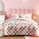 AMBERSPACE Queen Comforter Set for Girls, Colorful Checkered Bedding Set with Cute Floral, All Season Plaid Kids Bed in a Bag 7 Pieces with Sheets, Pillowcases & Shams