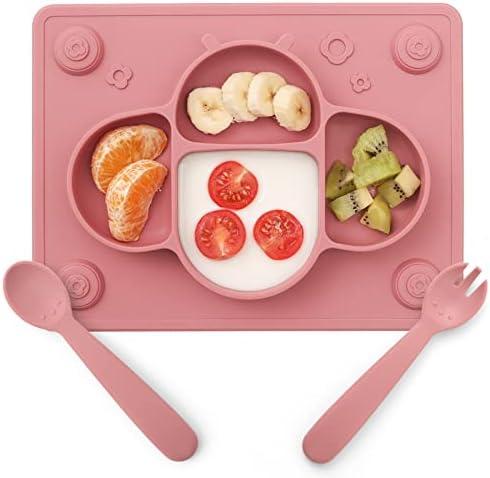 ROCCED Suction Plates for Baby Placemat Spoon Fork Set for Toddlers, Silicone Baby Plates with Suction Baby Dishes for Kids Plates-pale mauve