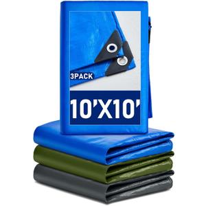 3 Pcs Large Waterproof Tarp 10 x 10 Ft Heavy Duty 5.5 Mil Thick Poly Tarpaulin with Grommets Multipurpose Protective Cover for Summer Home Boats Cars Camping Rv Pool Tent (Green, Blue, Silver)