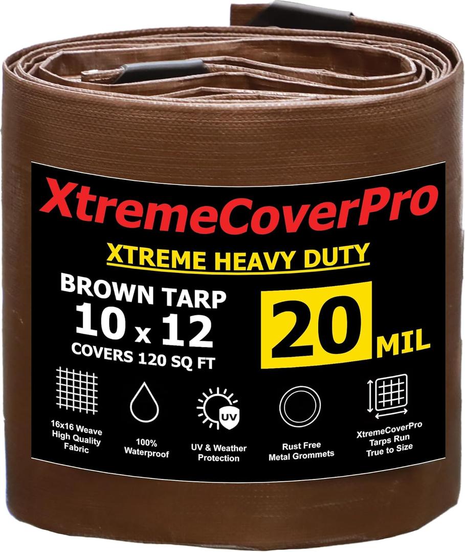 10' x 12' Brown Super Ultra Heavy-Duty Tarp  20 Mil Waterproof & UV-Resistant 10x12 - Large Outdoor Tarp, Waterproof Cover for Rain Camping, Tent, UV Protection, Reinforced Corners