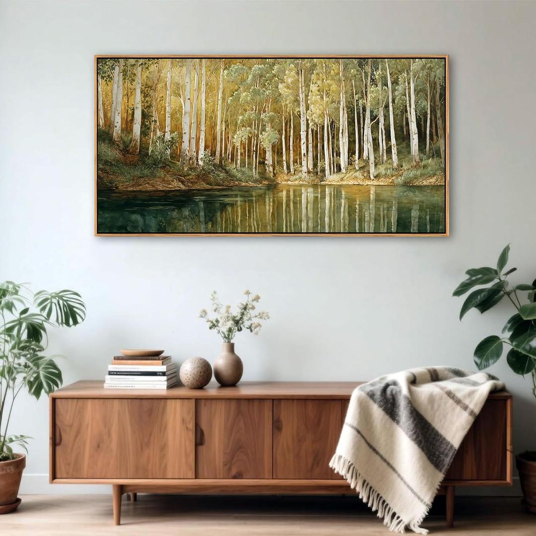 YCPRIMER Birch Tree Canvas Wall Art, Green & Yellow Forest Landscape, Nature Lakeside Scenery Painting for Living Room & Bedroom Wall Decor, Ready to Hang 2040 Inch