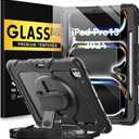 BLOSOMEET Case for iPad Pro 13 Inch 2024 M4 with Tempered Glass Screen Protector & Pencil Holder, Heavy Duty iPad Cover for Pro 13 Inch with Stand Handle Shoulder Strap (Black)