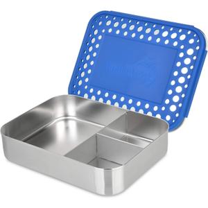 LunchBots Large Trio Stainless Steel Lunch Container -Three Section Design for Sandwich and Two Sides - Metal Bento Lunch Box - Eco-Friendly - Stainless Lid - Blue Dots