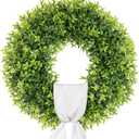 22 Inch Artificial Boxwood Wreaths for Front Door, Summer Door Wreath with Sash, Spring Green Wreath Weatherproof for Wall Window Porch Farmhouse Wedding Decor All Year Round Indoor Outdoor