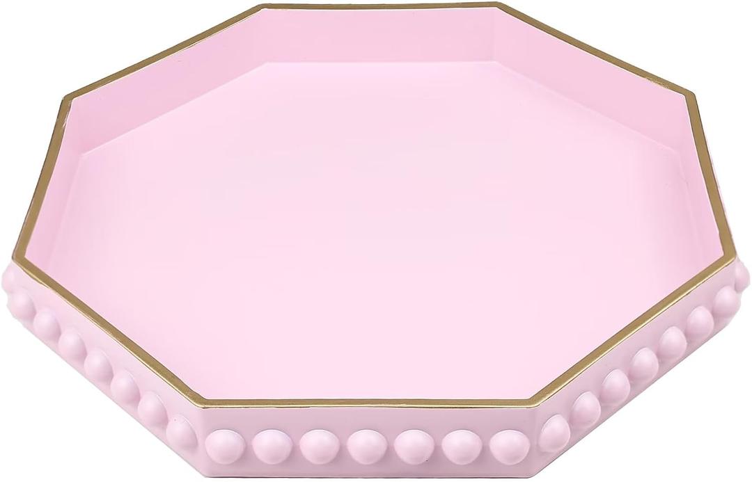 Pink Serving Tray for Coffee Table, Octagonal Beaded Plastic Decorative Tray for Ottoman, Kitchen Counter, Living Room