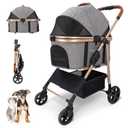 Pet Stroller with Detachable Carrier and No-Zip Canopy, Gray | Seat-Belt-Compatible Carrier, Two-Way Canopy, One-Hand Fold, 2 Tethers, Swivel Front Wheels, Linked Rear Brake, Side Pocket