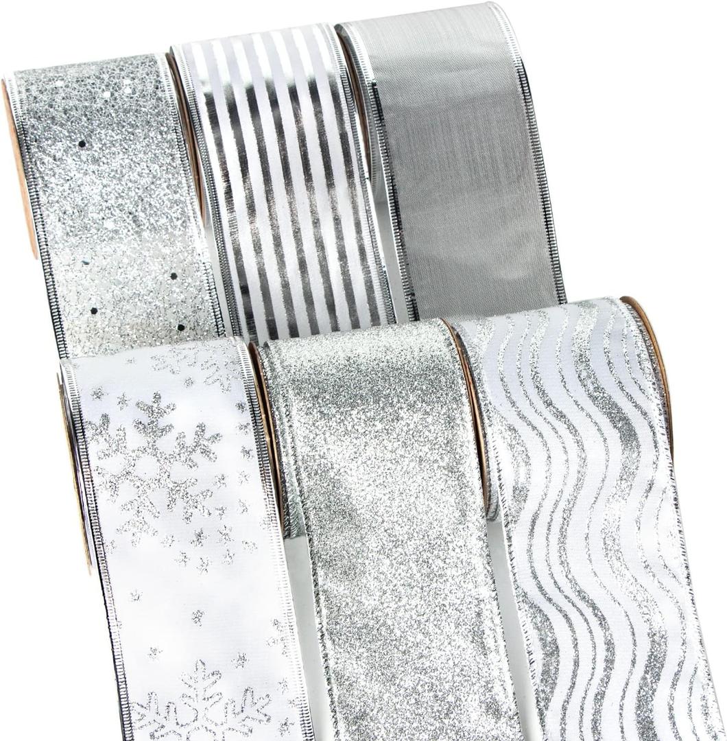 Ribbli Silver Christmas Tree Ribbon - Glitter Wired Ribbons for Tree, Crafts, Gift Wrapping, Wreaths, Garland, Home Decor - 2.5 Inch x 6 Rolls Total 36 Yard