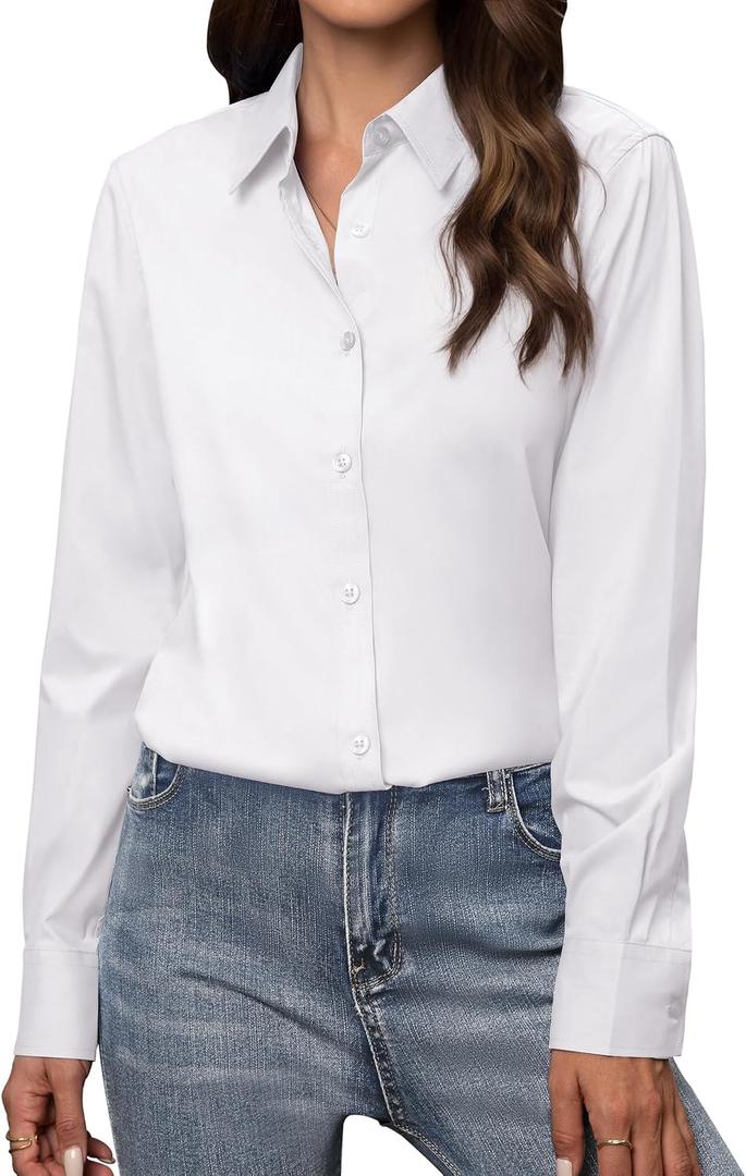 Gleeivy Button Down Shirts for Women Classic Fit Dress Shirt Work Business Casual Long Sleeve Blouse Tops (White, XL)