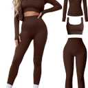 Women 3 Piece Seamless Workout Set Sports Bra High Waisted Gym Yoga Leggings Zip Up Jacket with Thumbhole Activewear (Medium, Coffee)