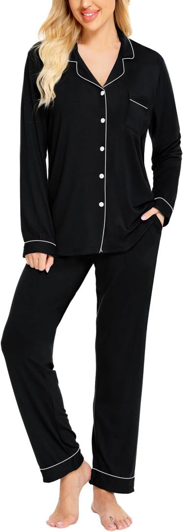 Swomog Button Up Pajama Set For Women M, Black