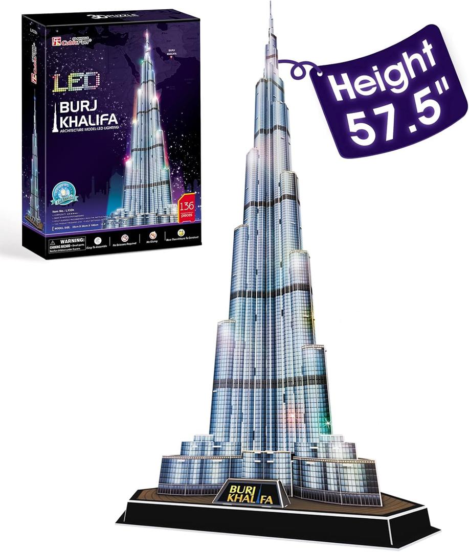 CubicFun 3D Puzzles LED Dubai Burj Khalifa 57.5" H Architecture Building Model Kits for Adults, Souvenir Decoration and Birthday Gifts for Men and Women, the Tallest Tower 136 Pcs