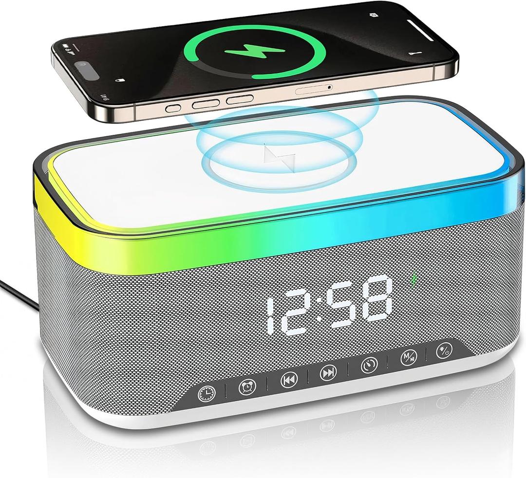 Bluetooth Speaker with Wireless Charging & Digital Clock, LED Display, 15W Qi Charging Station, 2x10W Speakers, 6 Ambient Lights, BT5.3/AUX/TF/USB, for Home, Bedside, Travel, Birthday Presen (White)