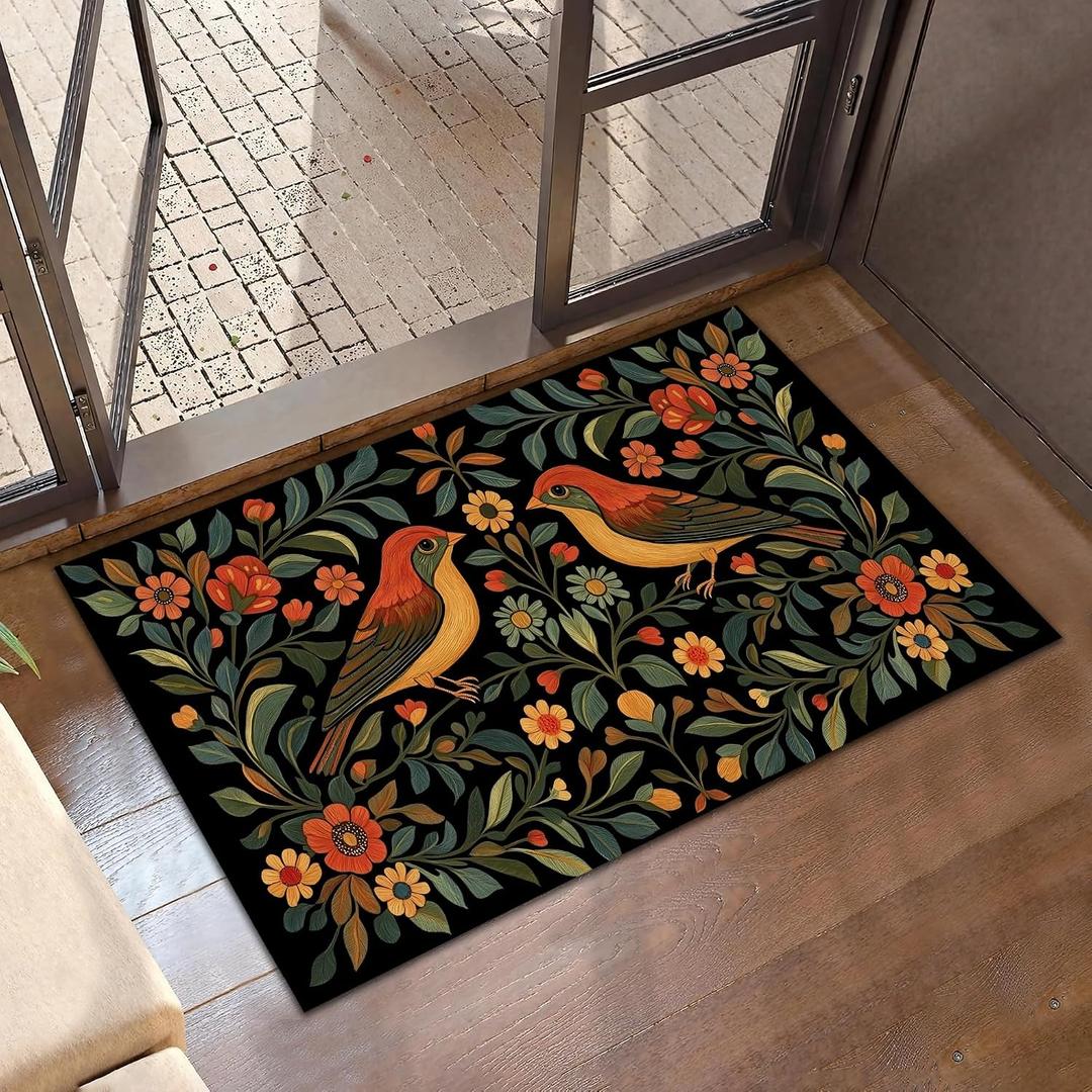 Door Mat, Vintage Flowers Birds Rugs for Front Door,Non-Slip Rustic Leaf Low Profile Indoor Outdoor Welcome Mat for Entry Patio, Porch, Hallways,Kitchen 30 x 17 Inch