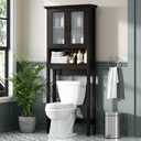 Over The Toilet Storage Cabinet, Over Toilet Bathroom Organizer with Glass Doors and Adjustable Shelf, Thicken Frame Above Toilet Storage Cabinet Behind Toilet Bathroom Organizer, Espresso