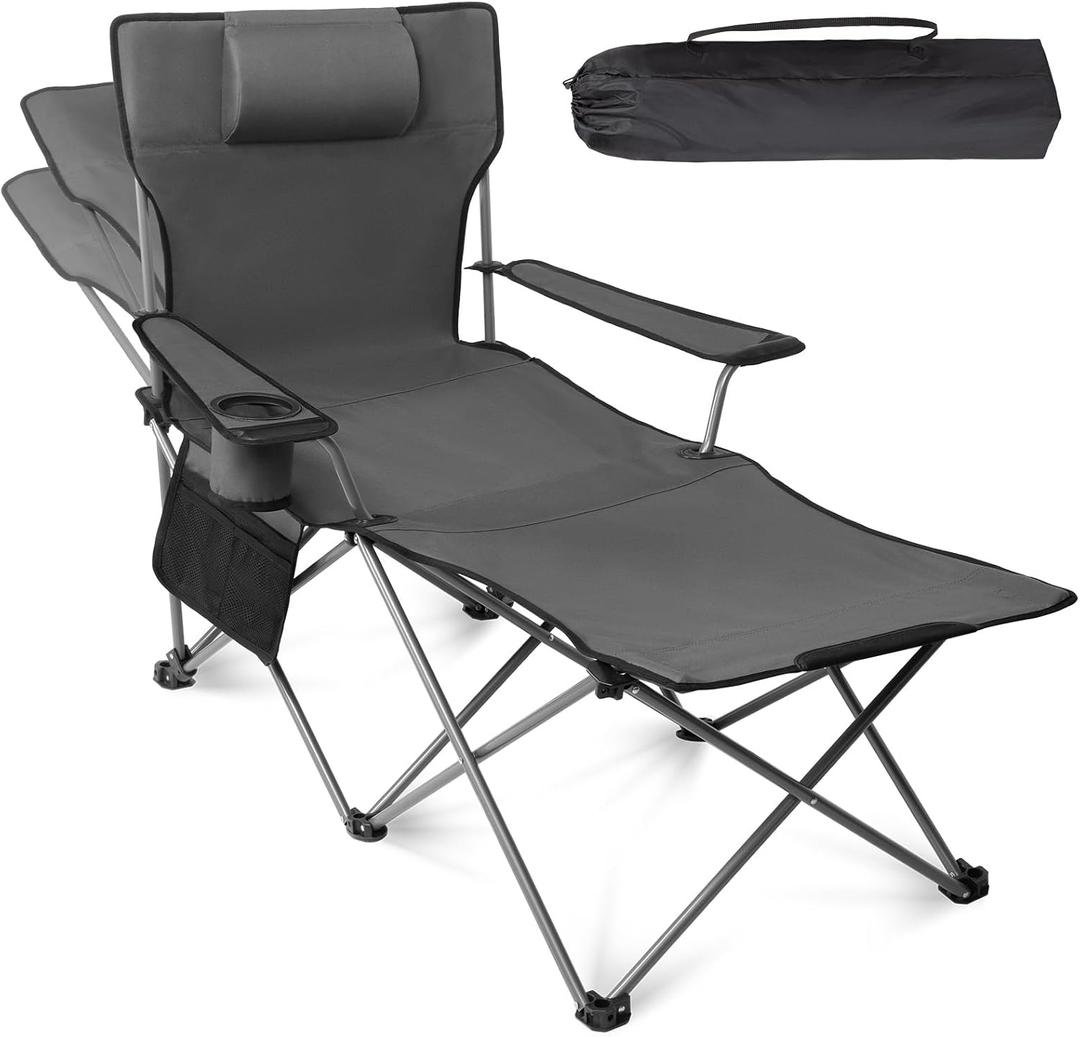 apollo walker Reclining Beach Chair, Adjustable 90-135° Backrest Camping Lounge Chairs for Adults, Folding Chair with Foot Rest & Detachable Pillow - Standard 6-Leg, Grey