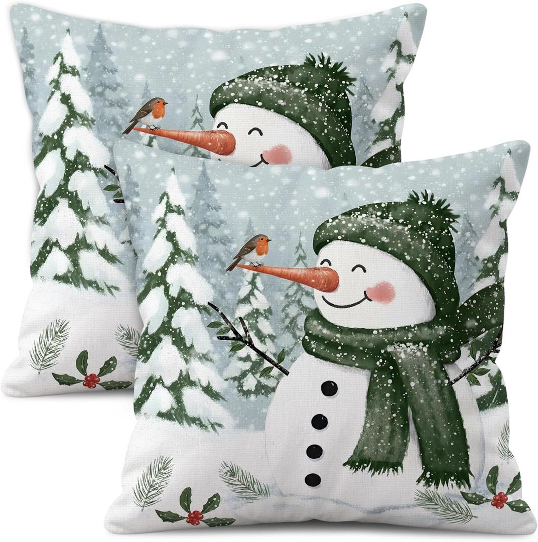 Christmas Pillow Covers 18x18 Inch, Set of 2, Double-Sided Snowman Green Printed, White Linen Decorative Throw Pillow Cases, Slightly Water-Resistant, Cushion Covers for Winter Home Decor