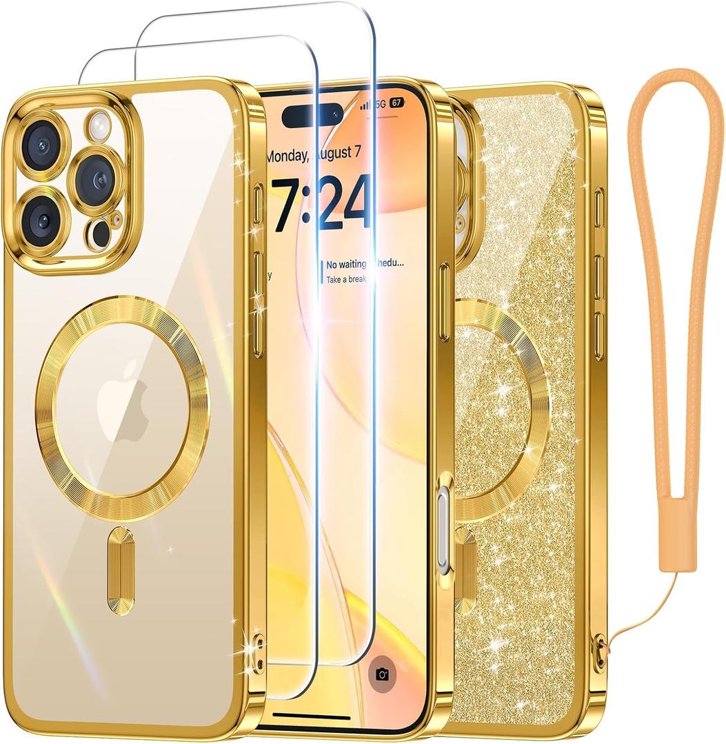 2 x Meifigno Case Designed for iPhone 16 Pro 6.3 Inch, [Compatible with MagSafe] [2X Screen Protectors] [Glitter Card & Wrist Strap] Surround Lens Protection Designed for iPhone 16 Pro Case, Gold