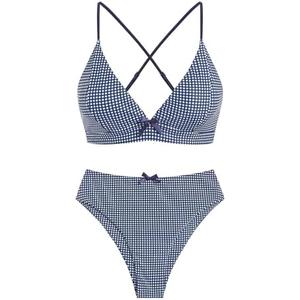 ZAFUL Women's V Neck Bikini Set High Waisted Swimsuits Lace Up Bow Decor Cheeky Two Piece Bathing Suit, Small