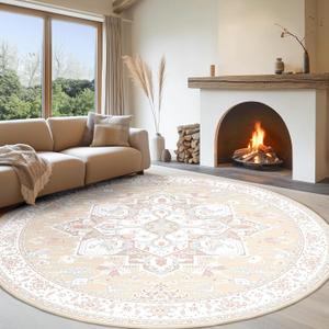 BESTSWEETIE 8ft Area Rugs for Living Room Washable Non Slip Carpet Low Pile Soft Vintage Print Pattern Rug for Bedroom Dining Room Kitchen Entryway Indoor-Cream/Light Yellow/Brown/Blue/Red/Pink