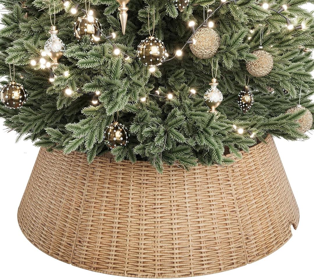 ELYKEN 33 Inch Christmas Tree Collar, 6-Piece Xmas Tree Skirt for Artificial Trees, Handcrafted Plastics Wicker Tree Base Cover with Cord Cut-Out Rustic Farmhouse Tree Ring for Home Decor (Natural-round Pp)