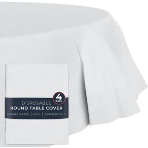 HOUZZKINGZ USA Paper Tablecloths for Round Tables | 4 Pack | White, 3-Ply Premium Paper & Plastic Table Cloths for Parties, Disposable