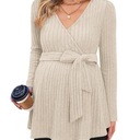 Womens Maternity Shirts Long Sleeve Pregnancy Tops Casual V Neck Ribbed Knit Pregnant Blouses, XL