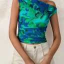 PRETTYGARDEN Women's Off Shoulder Tops 2026 Summer Going Out Crop Tank Tops Asymmetrical Floral Mesh Tight Y2K Shirts Clothes (Blue, XL)