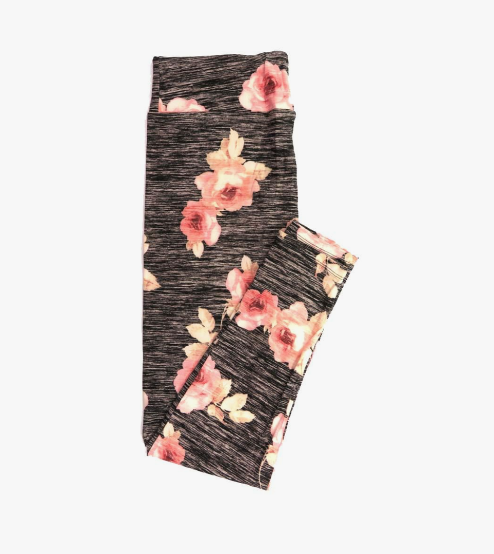Lularoe Tall Curvy (TC fits Sizes 12-18) Heathered Stripe Roses Black White Pink Buttery Soft Adult Leggings