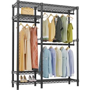 VIPEK V2 Heavy Duty Clothes Rack, Portable Metal Clothing Racks with 4 Tiers Adjustable Wire Shelving & 3 Hanging Rods, Freestanding Wardrobe Portable Closet Rack, Max Load 700LBS, Black