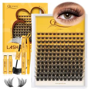 QUEWEL Lash Clusters Kit, 144 Pcs DIY Lash Extension Kit Individual Lashes Eyelash Extension Kit with Lash Bond and Seal Lash Tweezers (144-Mega Kit)